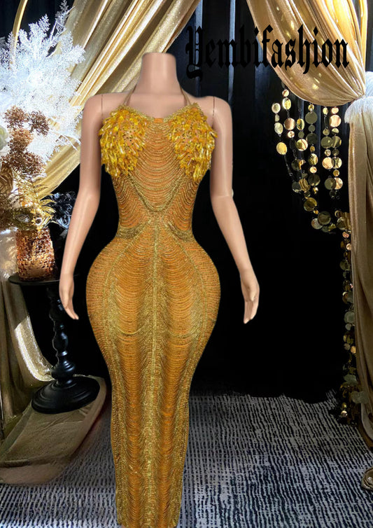 Yellow Diamante Dress - Elegant  Embellished Dress