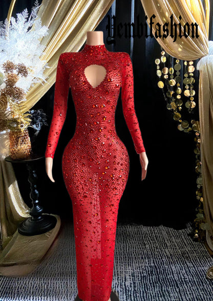 Red Crystal Long Dress –  Long Sleeve Dress