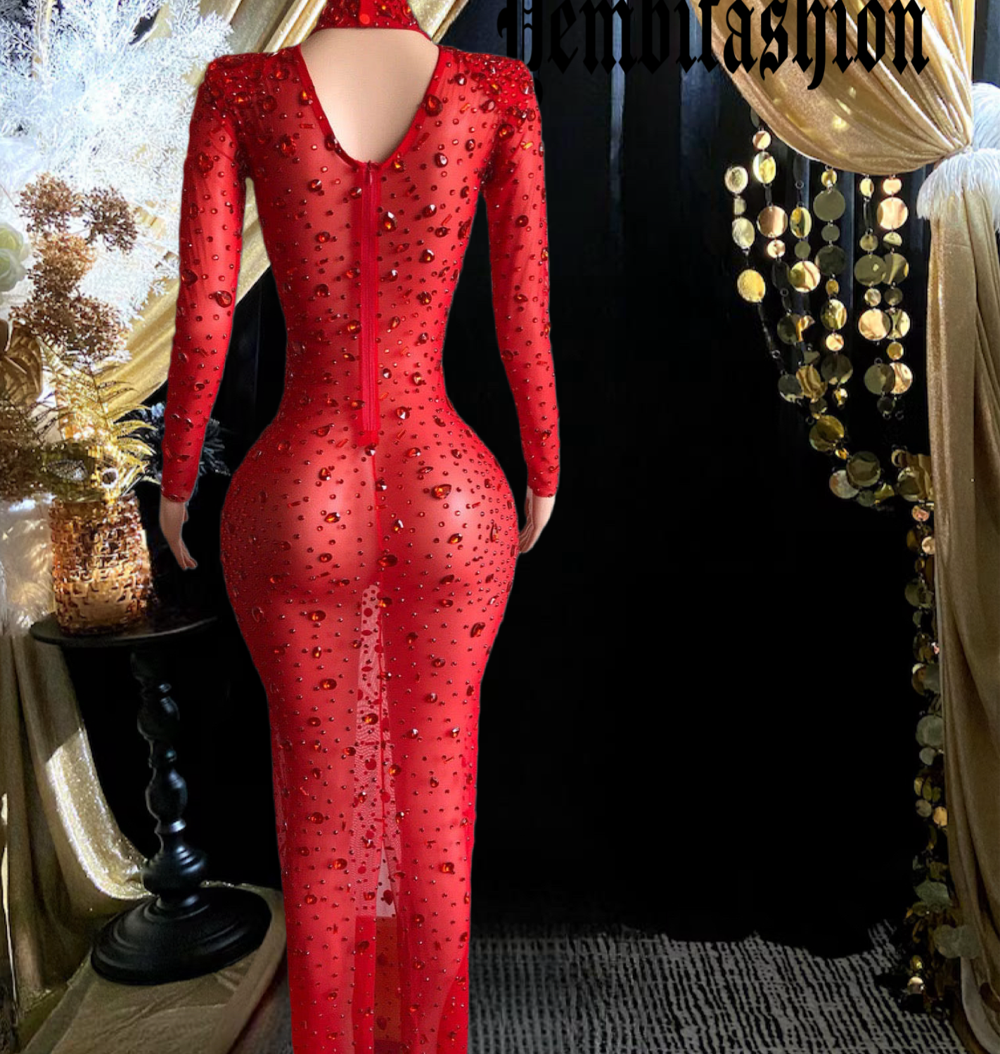 Red Crystal Long Dress –  Long Sleeve Dress