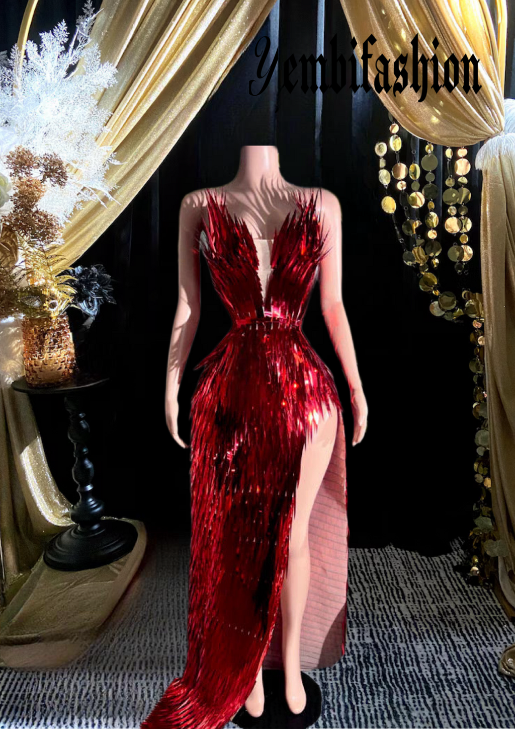 Red Yembi Side Slit Dress with metallic feathers