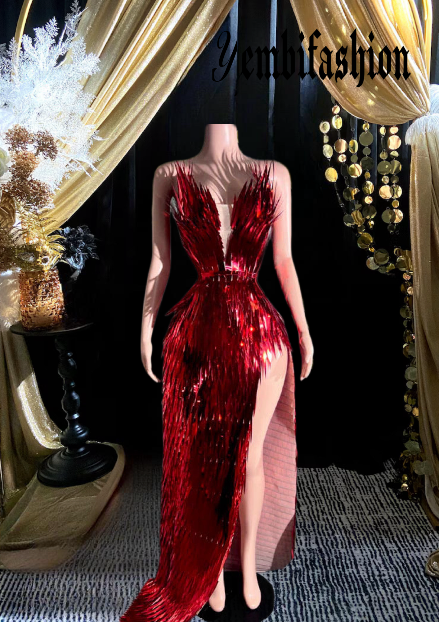 Red Yembi Side Slit Dress with metallic feathers