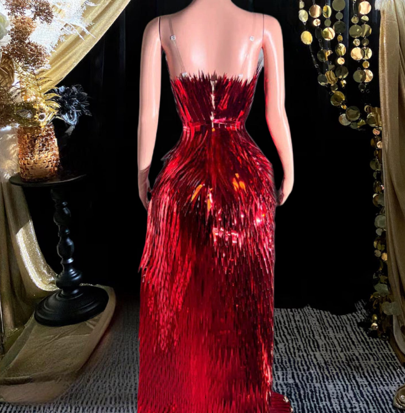 Red Yembi Side Slit Dress with metallic feathers