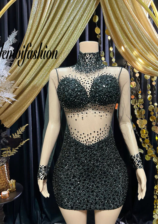 Rhinestones Mesh Bodycom Dress