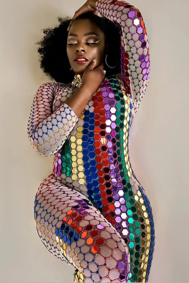 Rainbow Diamante Mirror Bodysuit with reflective mirrors and rhinestones on stretchy mesh, perfect for standing out at parties and special occasions.