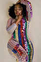 Rainbow Diamante Mirror Bodysuit with reflective mirrors and rhinestones on stretchy mesh, perfect for standing out at parties and special occasions.