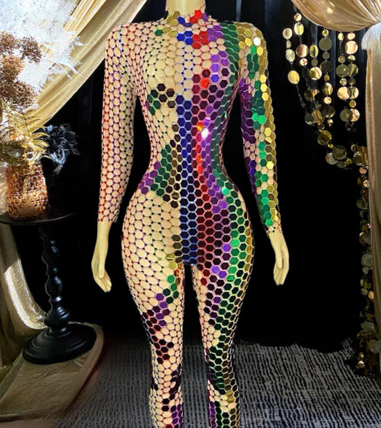 Rainbow Diamante Mirror Bodysuit with reflective mirrors and rhinestones on stretchy mesh, perfect for standing out at parties and special occasions.
