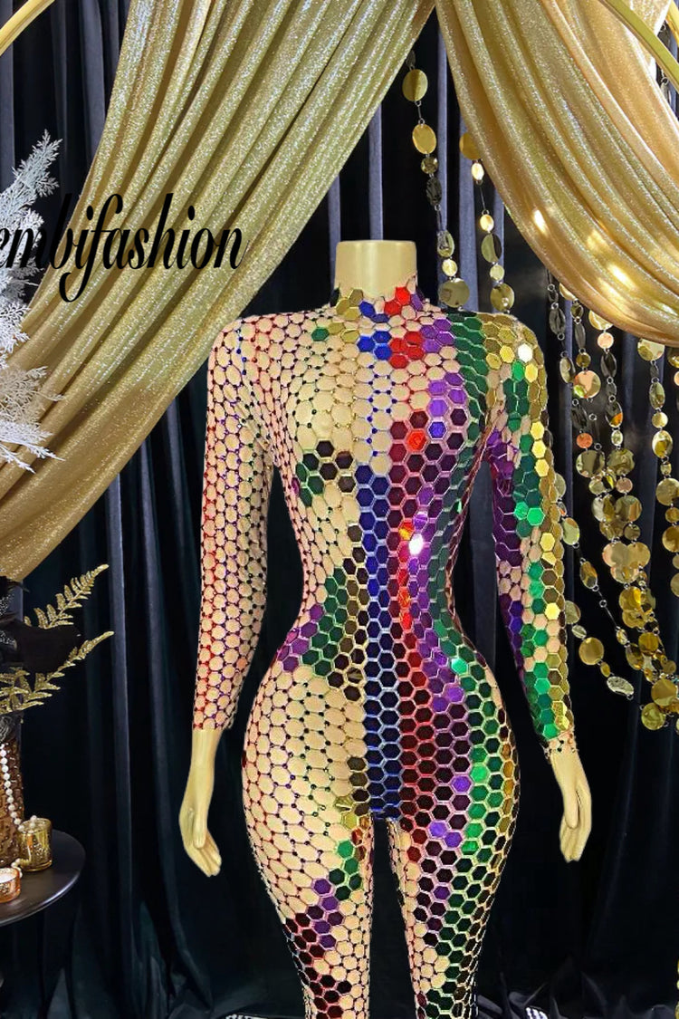 Rainbow Diamante Mirror Bodysuit with reflective mirrors and rhinestones on stretchy mesh, perfect for standing out at parties and special occasions.