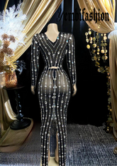 A stylish black mesh dress set featuring long sleeves and a modern, breathable design.