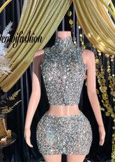 A stylish silver two-piece matching set featuring a sleek design and elegant details for versatile wear.