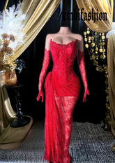 A glamorous red lace long dress with intricate details, designed as a versatile set dress for formal occasions.