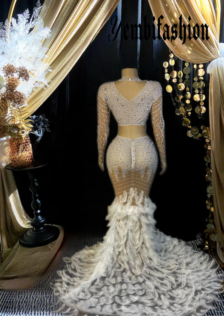 A chic Nina Feather Dress for ladies, featuring white feather detailing, perfect for elegant occasions.