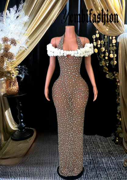 A stunning guest wedding dress featuring a sexy design and sparkling rhinestone details, perfect for formal occasions.