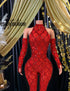 Red sparkly sequins bodysuit with intricate embellishments, perfect for cocktail events or special occasions.