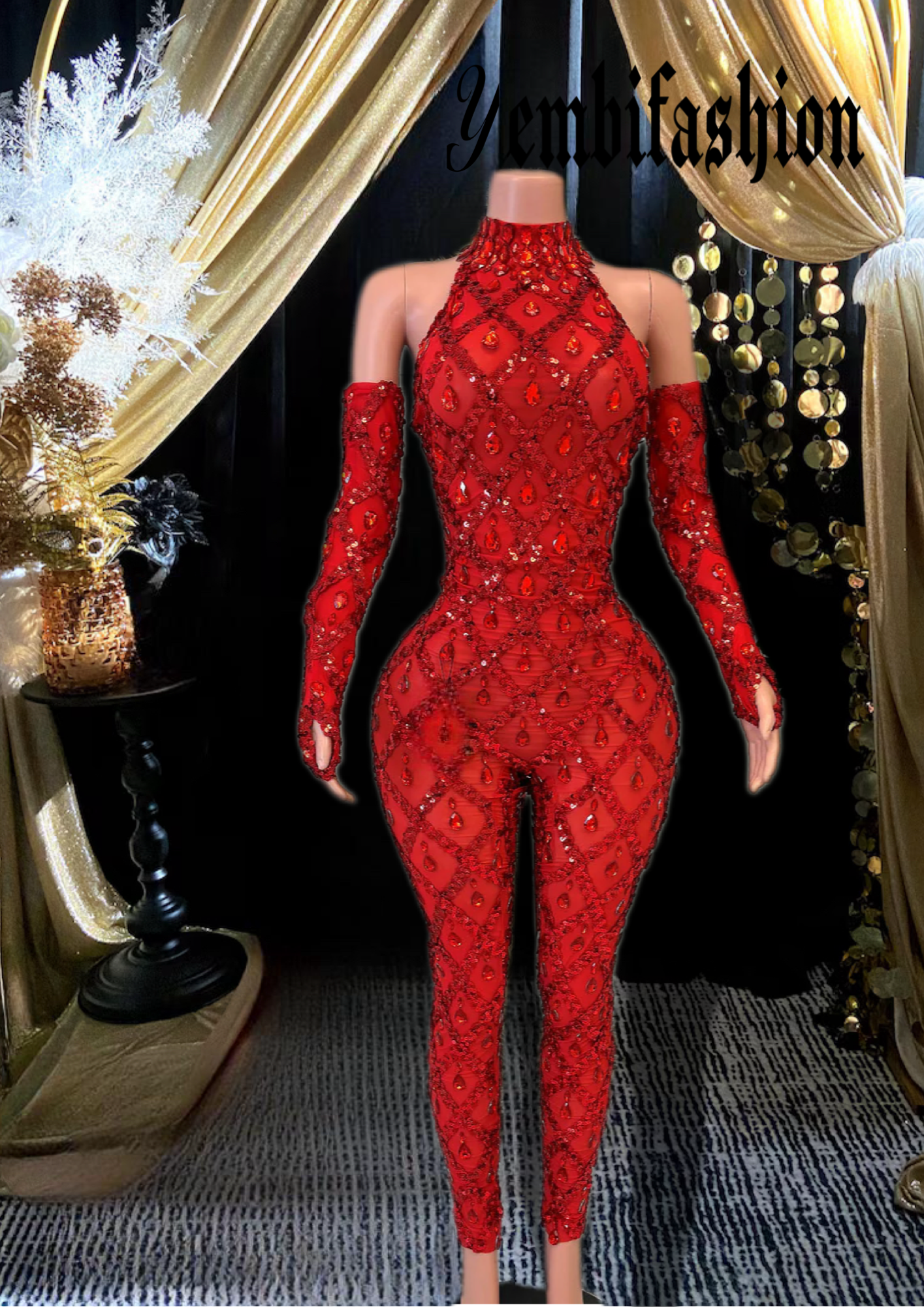 Red sparkly sequins bodysuit with intricate embellishments, perfect for cocktail events or special occasions.