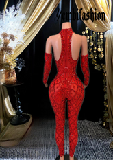 Red sparkly sequins bodysuit with intricate embellishments, perfect for cocktail events or special occasions.