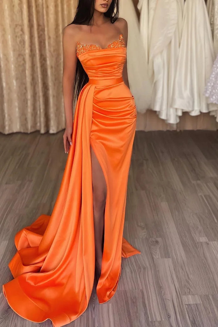 Orange Sweetheart Mermaid Prom Dress Split Long With Sequins Ruffles - Yembifashion 