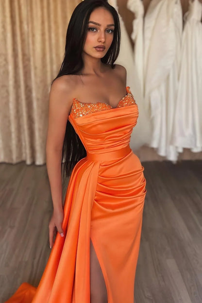 Orange Sweetheart Mermaid Prom Dress Split Long With Sequins Ruffles - Yembifashion 