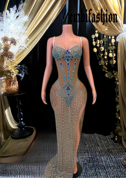 Clara Maxi Dress, a glamorous embellished gown with rhinestone accents, perfect for special occasions.