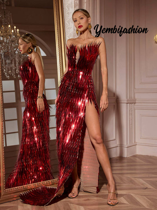 Red Yembi Side Slit Dress with metallic feathers