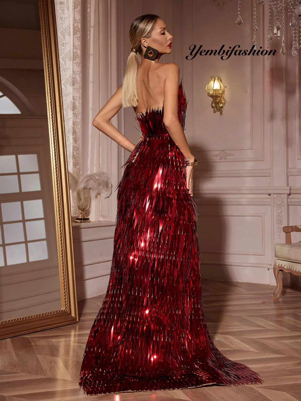 Red Yembi Side Slit Dress with metallic feathers
