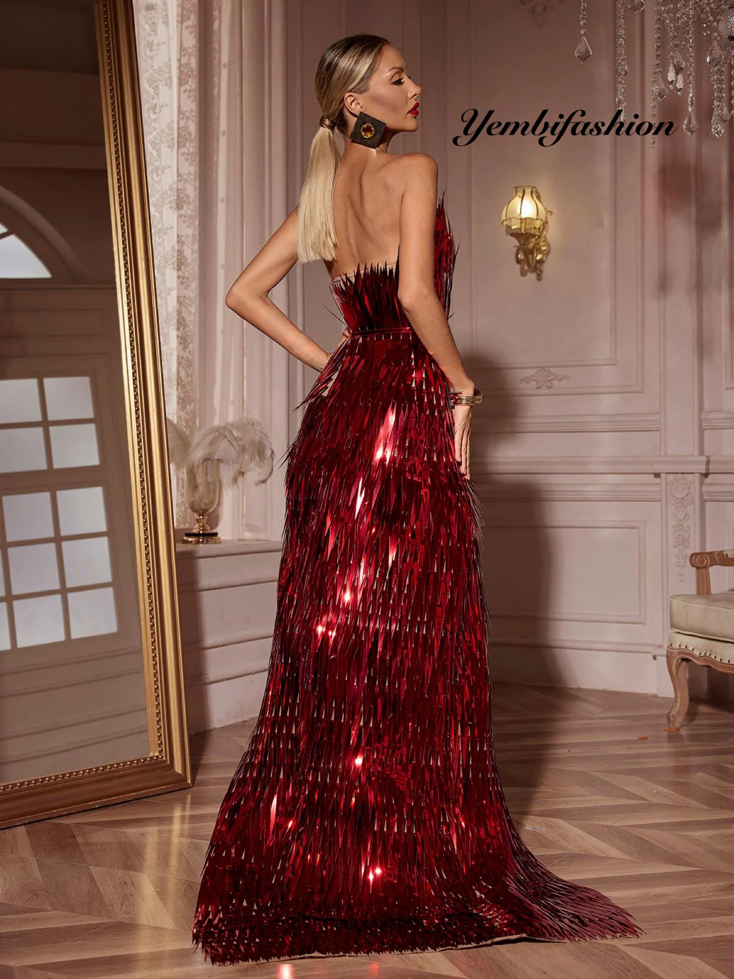 Red Yembi Side Slit Dress with metallic feathers