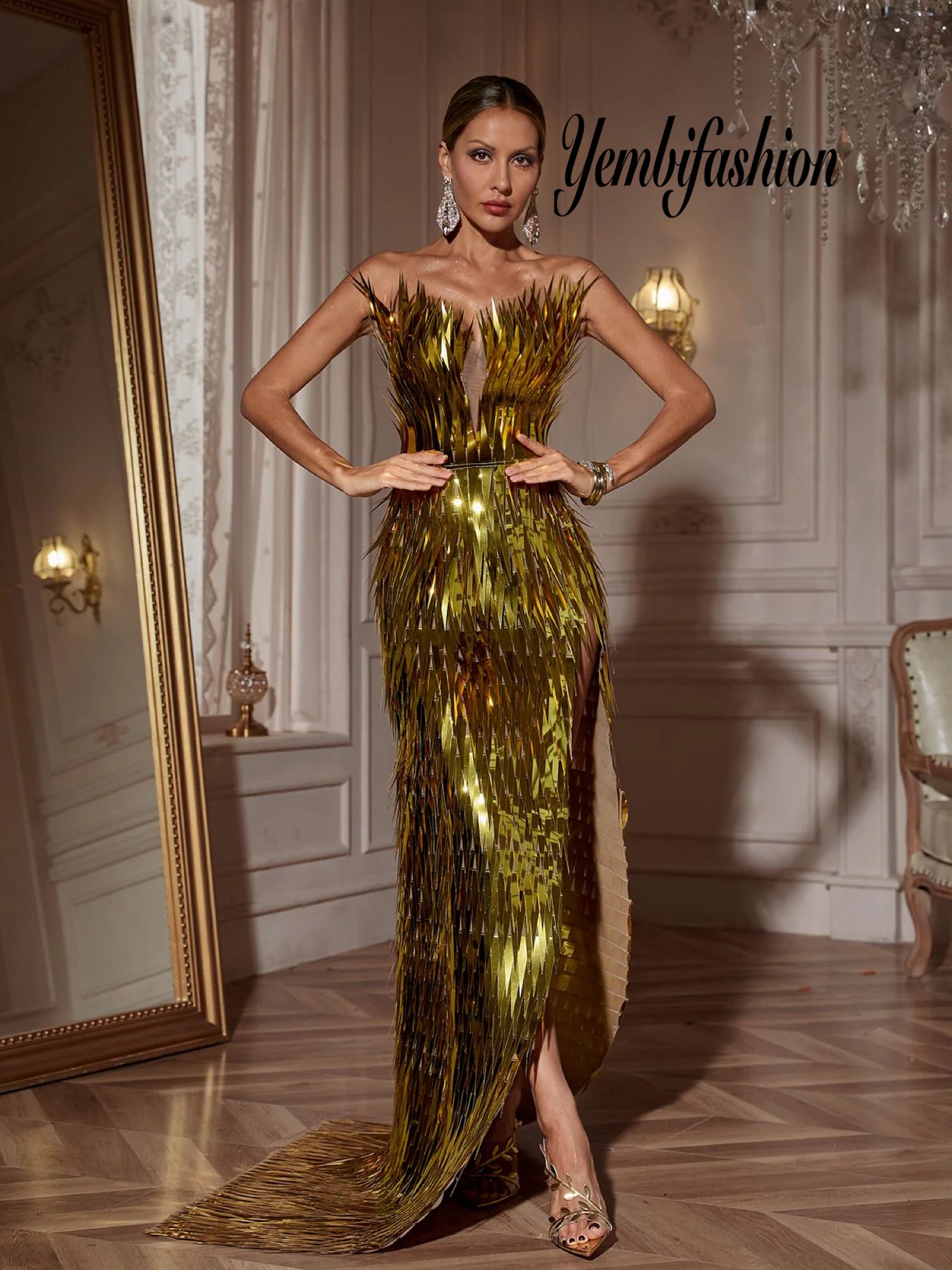 Gold Side Slit Dress with metallic Feathers