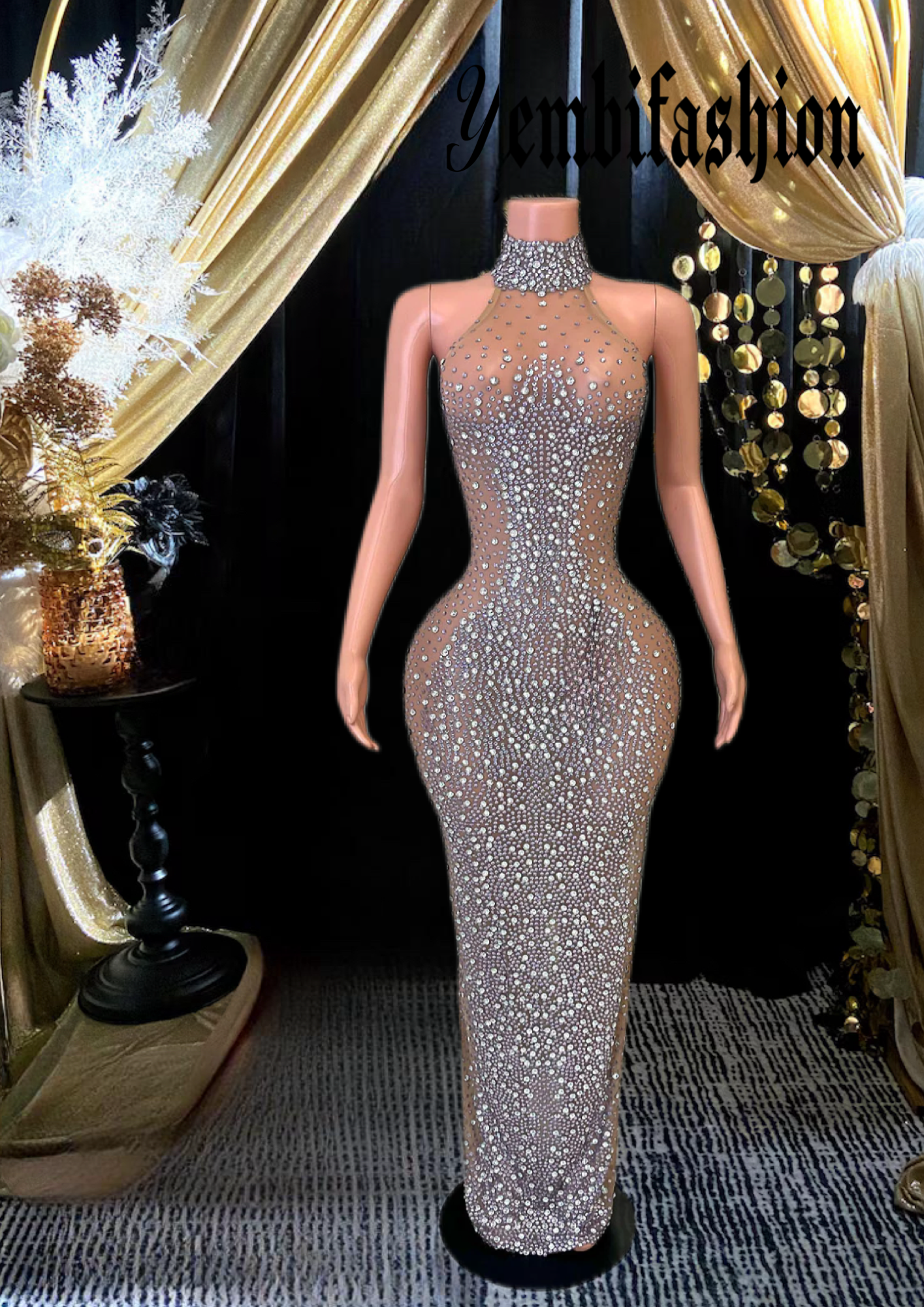 A glamorous Joy Maxi Dress in nude with sparkling diamante detailing and a flowing silhouette