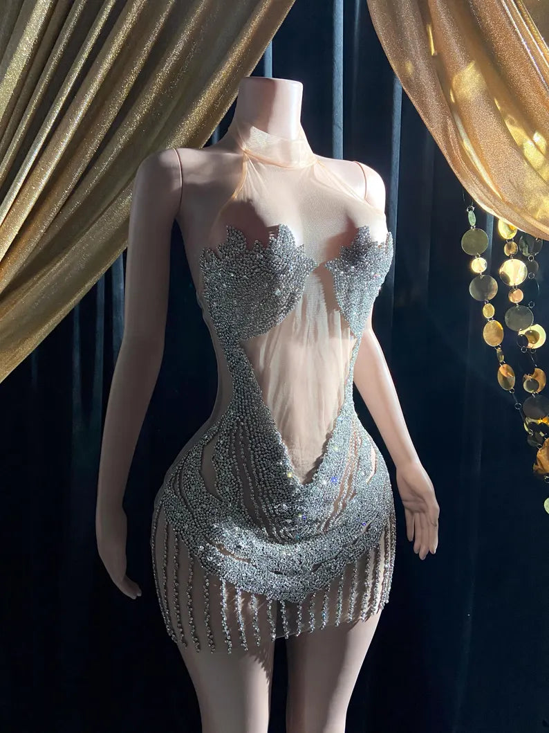 Silver Bling Party Dress with Rhinestone and Tassel Details
