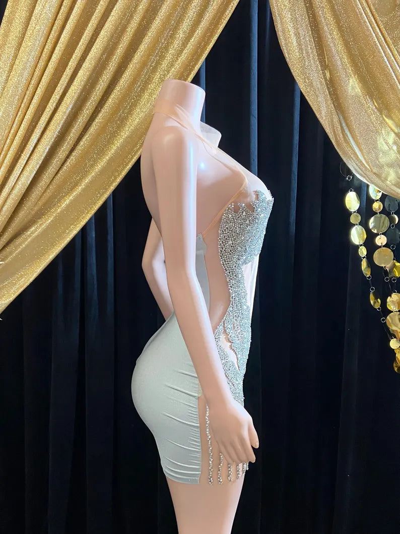 Silver Bling Party Dress with Rhinestone and Tassel Details