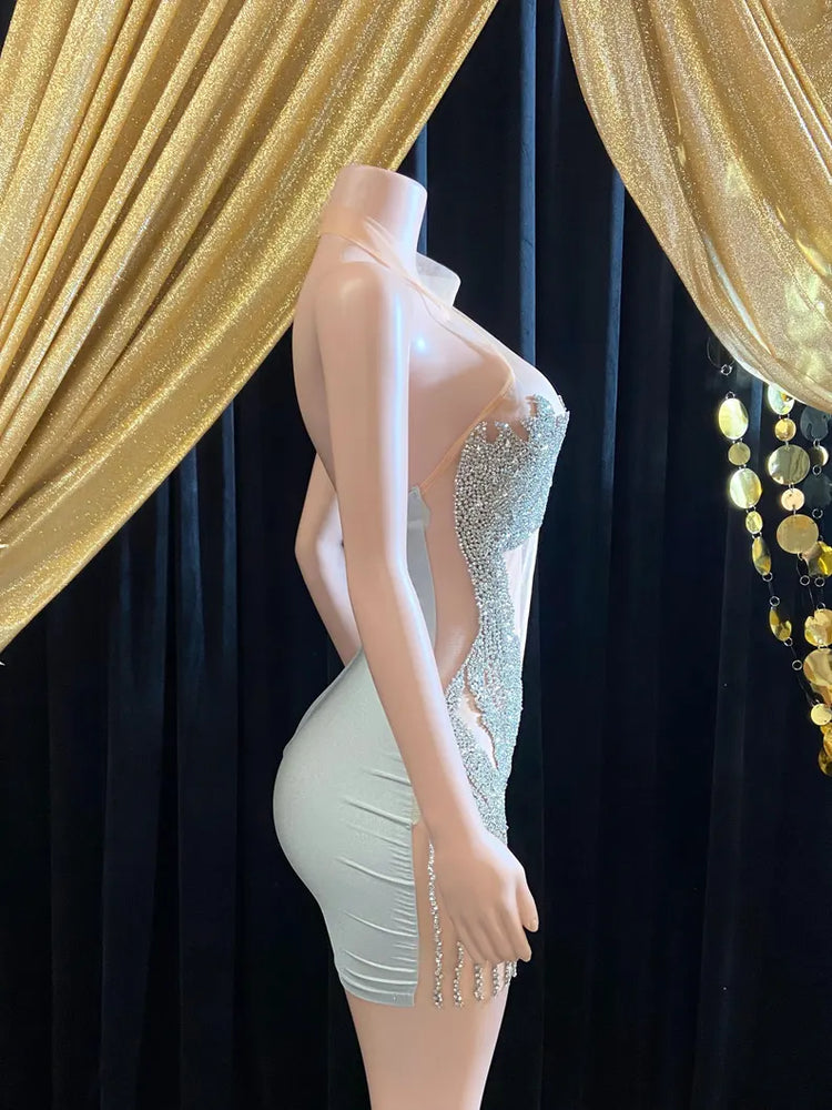 Silver Bling Party Dress with Rhinestone and Tassel Details