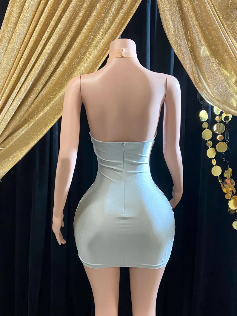 Silver Bling Party Dress with Rhinestone and Tassel Details