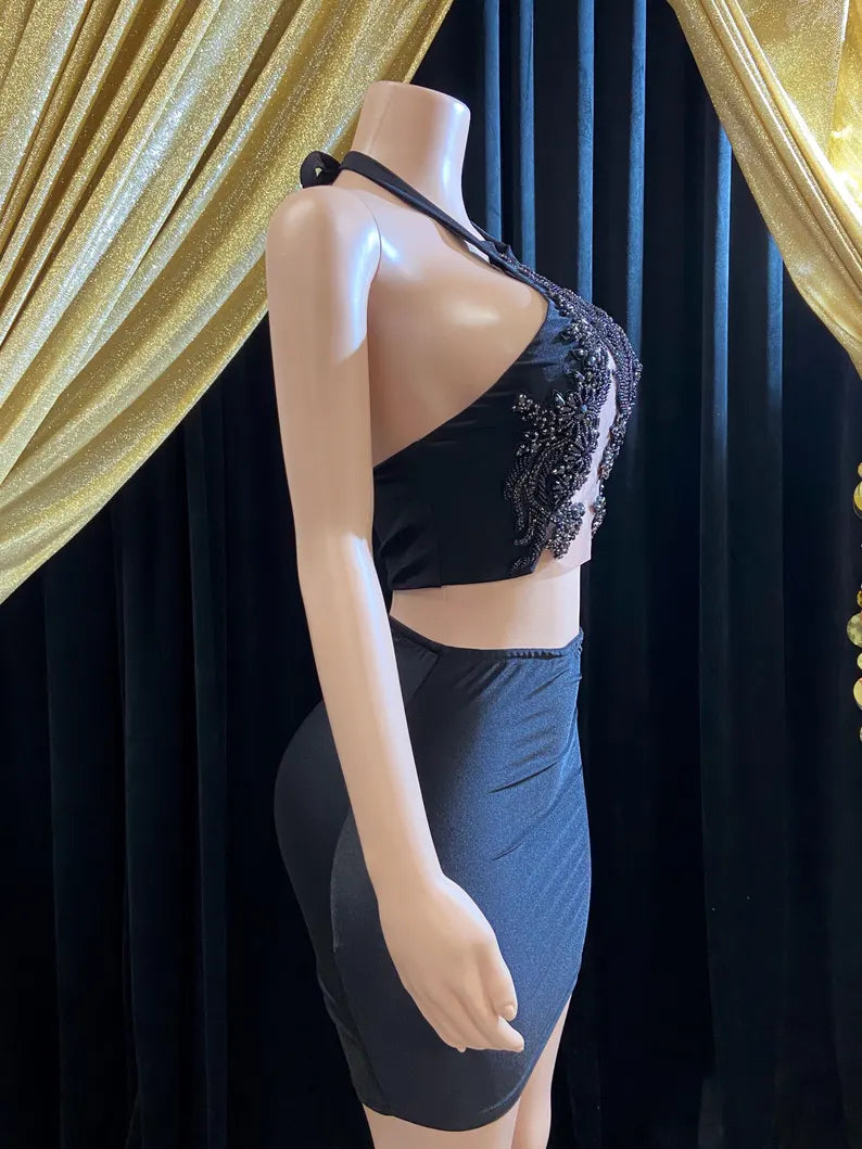 Rafa Black Embellished Mini Dress with Rhinestone Details, perfect for cocktail events.