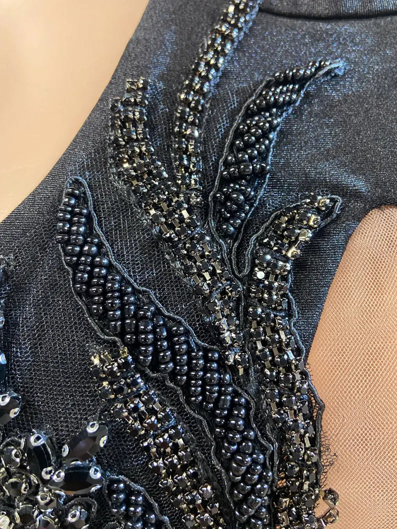 Rafa Black Embellished Mini Dress with Rhinestone Details, perfect for cocktail events.