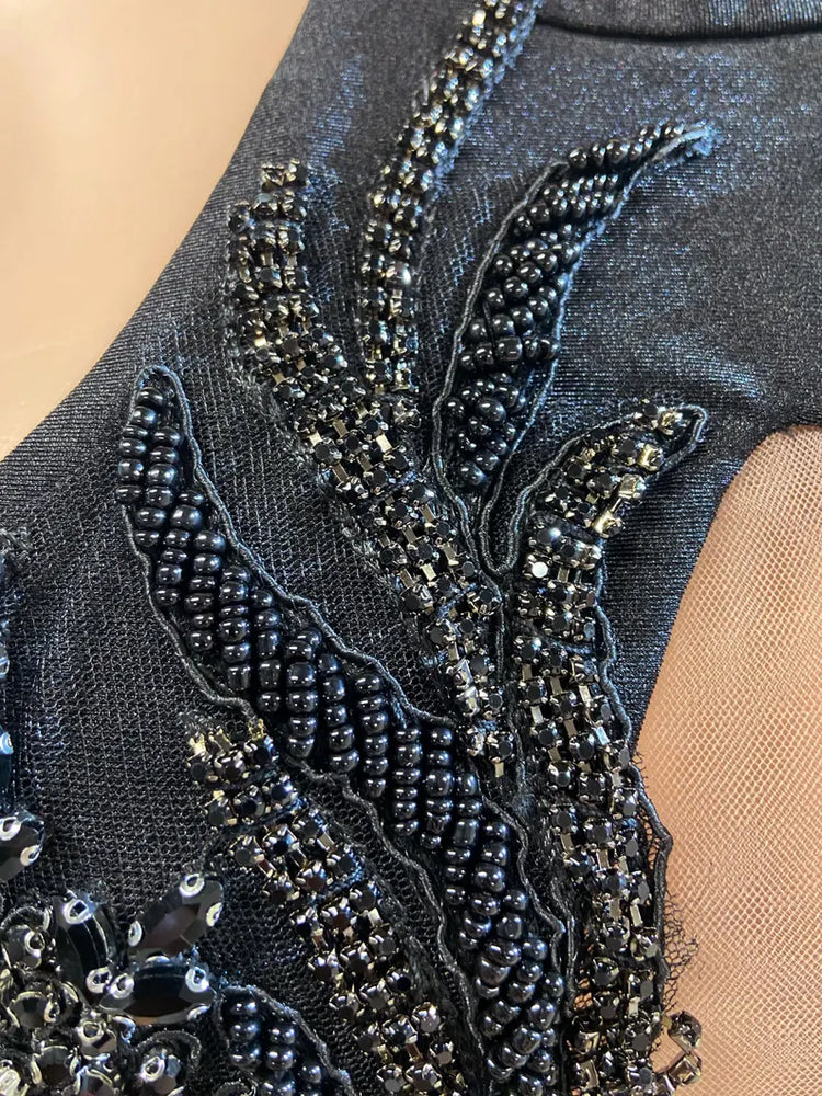 Rafa Black Embellished Mini Dress with Rhinestone Details, perfect for cocktail events.