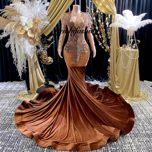 Luxury Brown Rhinestone Appliqué Evening Dress