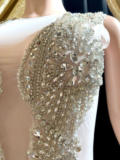 Eve White Bodysuit featuring glitter details and rhinestone embellishments for a glamorous look