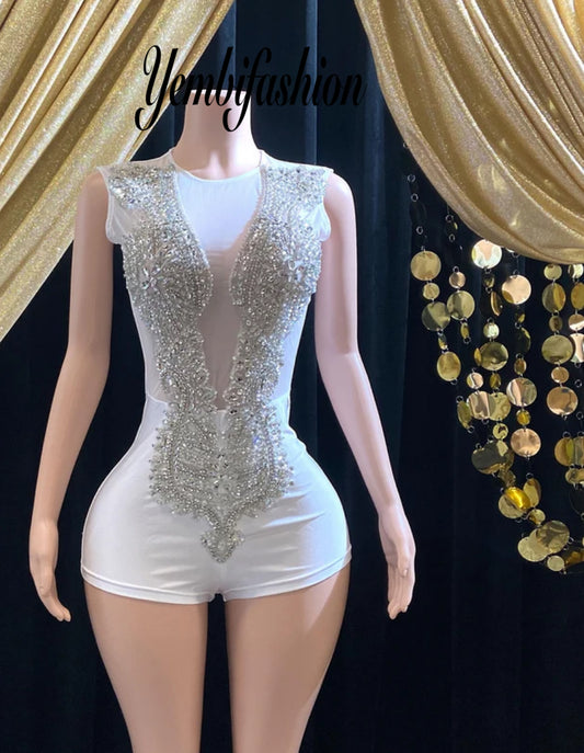 Eve White Bodysuit featuring glitter details and rhinestone embellishments for a glamorous look