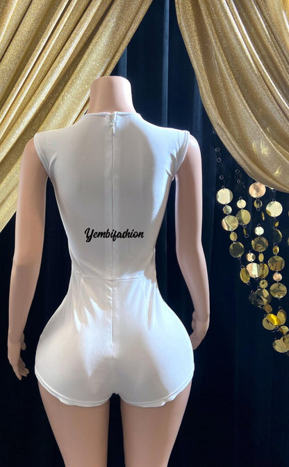 Eve White Bodysuit featuring glitter details and rhinestone embellishments for a glamorous look