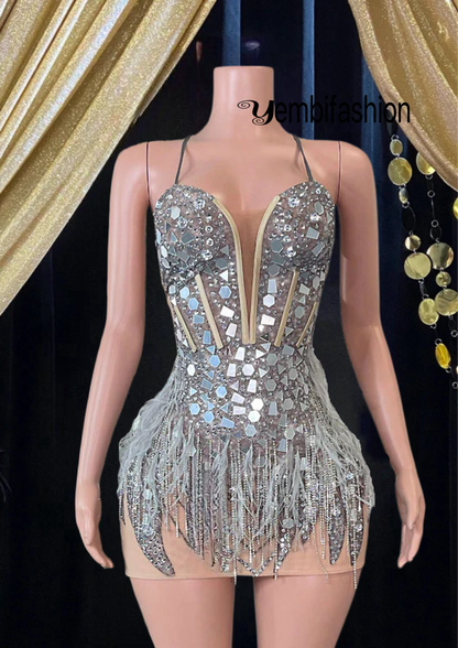 A glamorous Diamante Mirror Dress with Feather detailing, perfect short party dress.