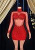 A sleek Red bodycom dress with mesh detailing, highlighting a form-fitting silhouette for an elegant and sophisticated look.