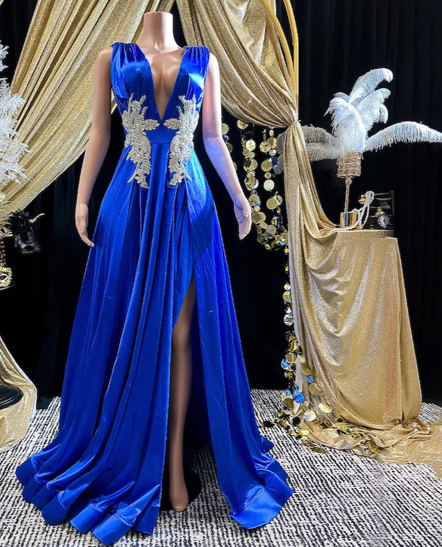 Luxury Satin Evening Dress in Dark Blue with sparkly details, maxi length, and elegant satin finish.