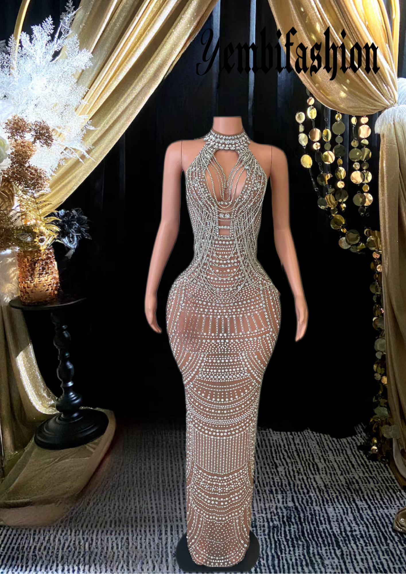 An elegant Lisa Off Shoulder Prom Dress in a nude color with sparkling rhinestone embellishments, perfect for formal occasions