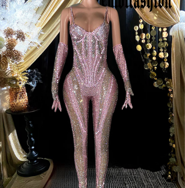 Cathi Jumpsuit Pink with shimmering sequins and rhinestone details, perfect for glamorous occasions