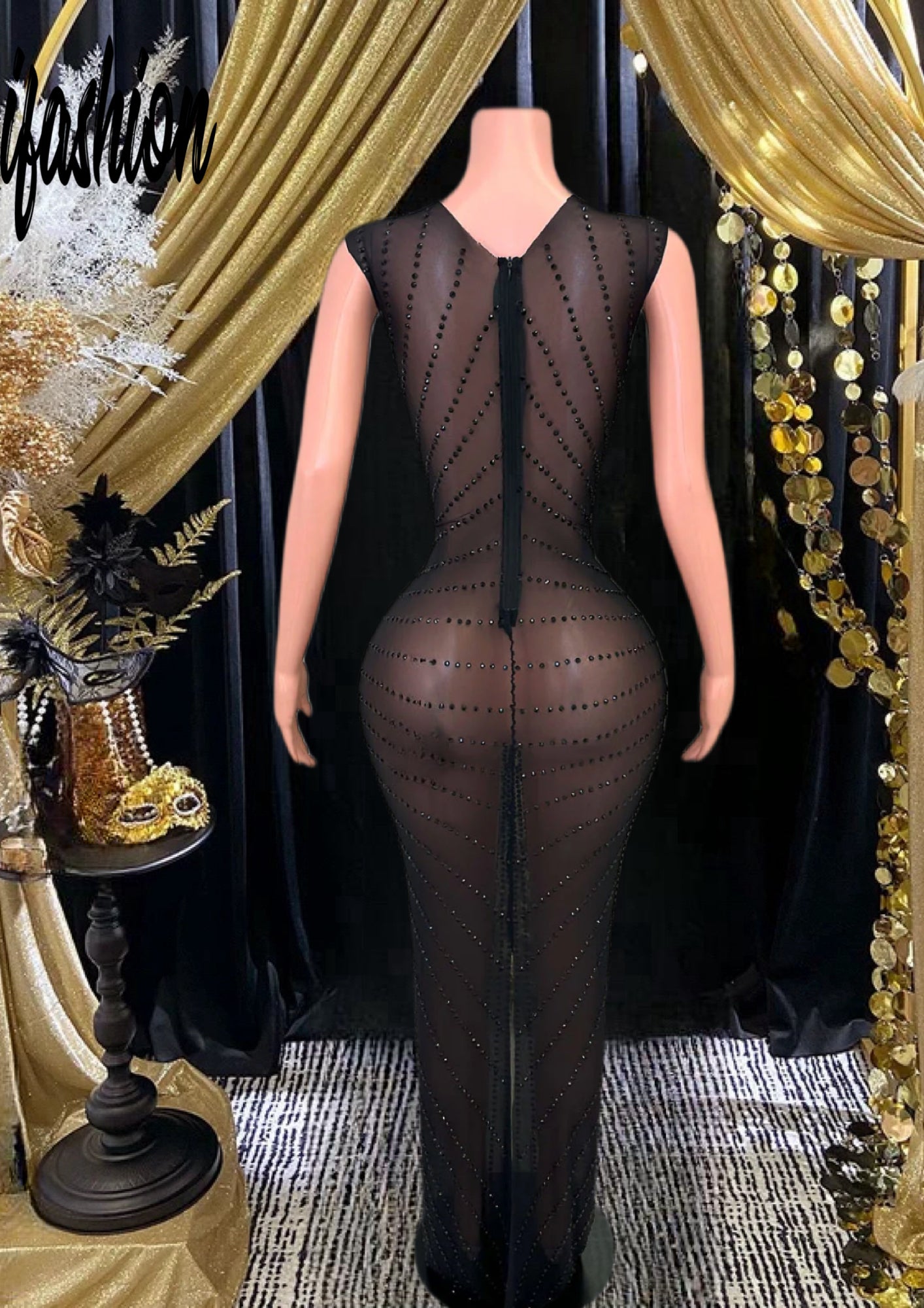 A glamorous Queen Maxi Dress featuring diamond-inspired accents and rhinestone embellishments, showcasing an elegant and flowing maxi silhouette