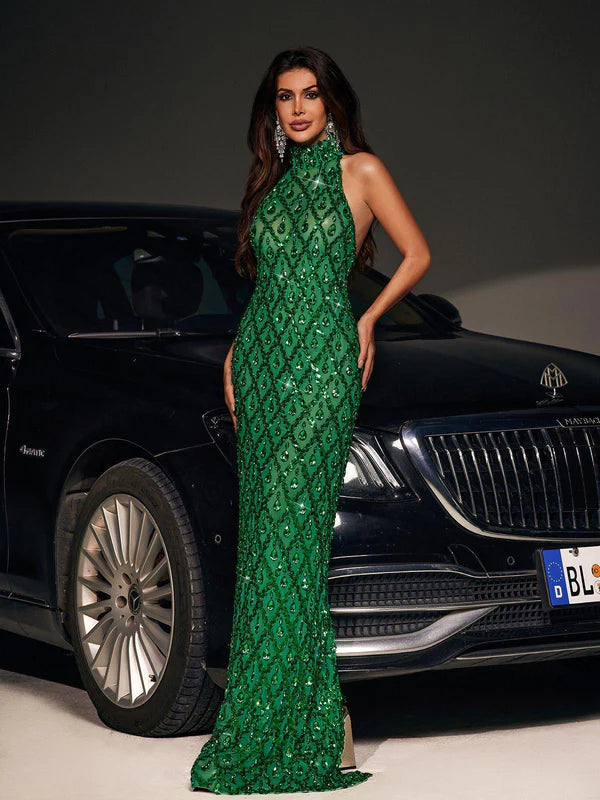 Laura Sequin Crystal Maxi Dress In Green