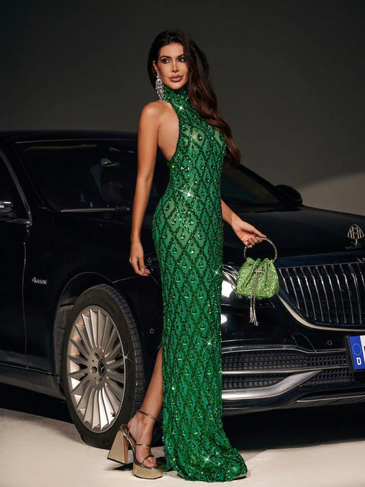 Laura Sequin Crystal Maxi Dress In Green