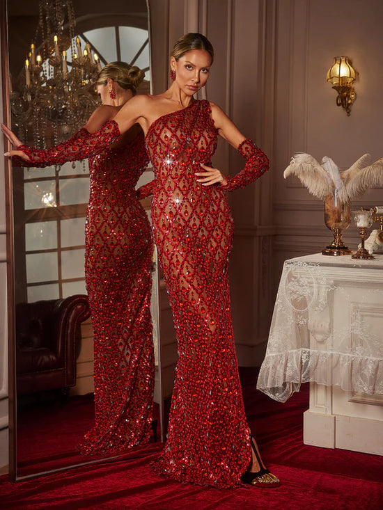 Eve One Shoulder Sequin Crystal Maxi Dress With Gloves In Red