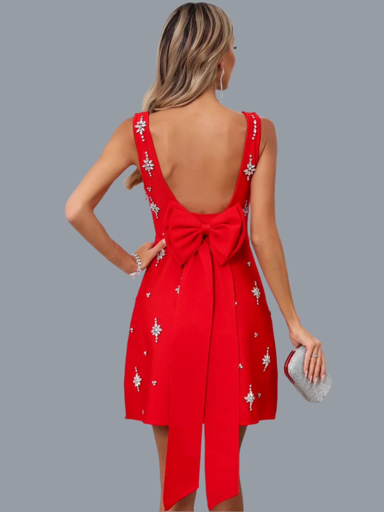 Model wearing glamorous A-line bandage evening dress