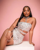 High Quality Sexy Party Outfit Sequin Diamanté sleeveless crop top two set| silver set