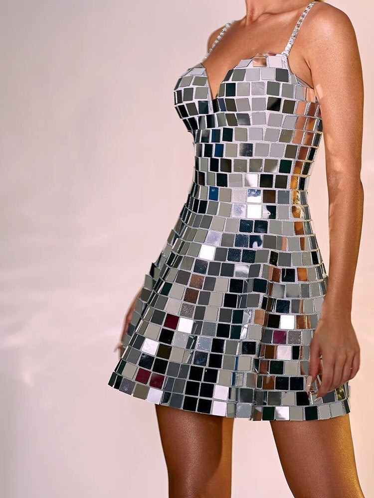 Shining Mirror Dress Costume | Rhinestone Birthday Silver Dresses